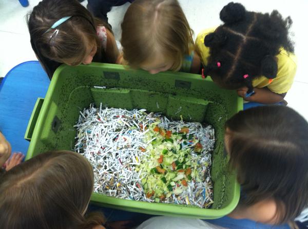 Adding food waste to a worm bin indoors is a fun activity.